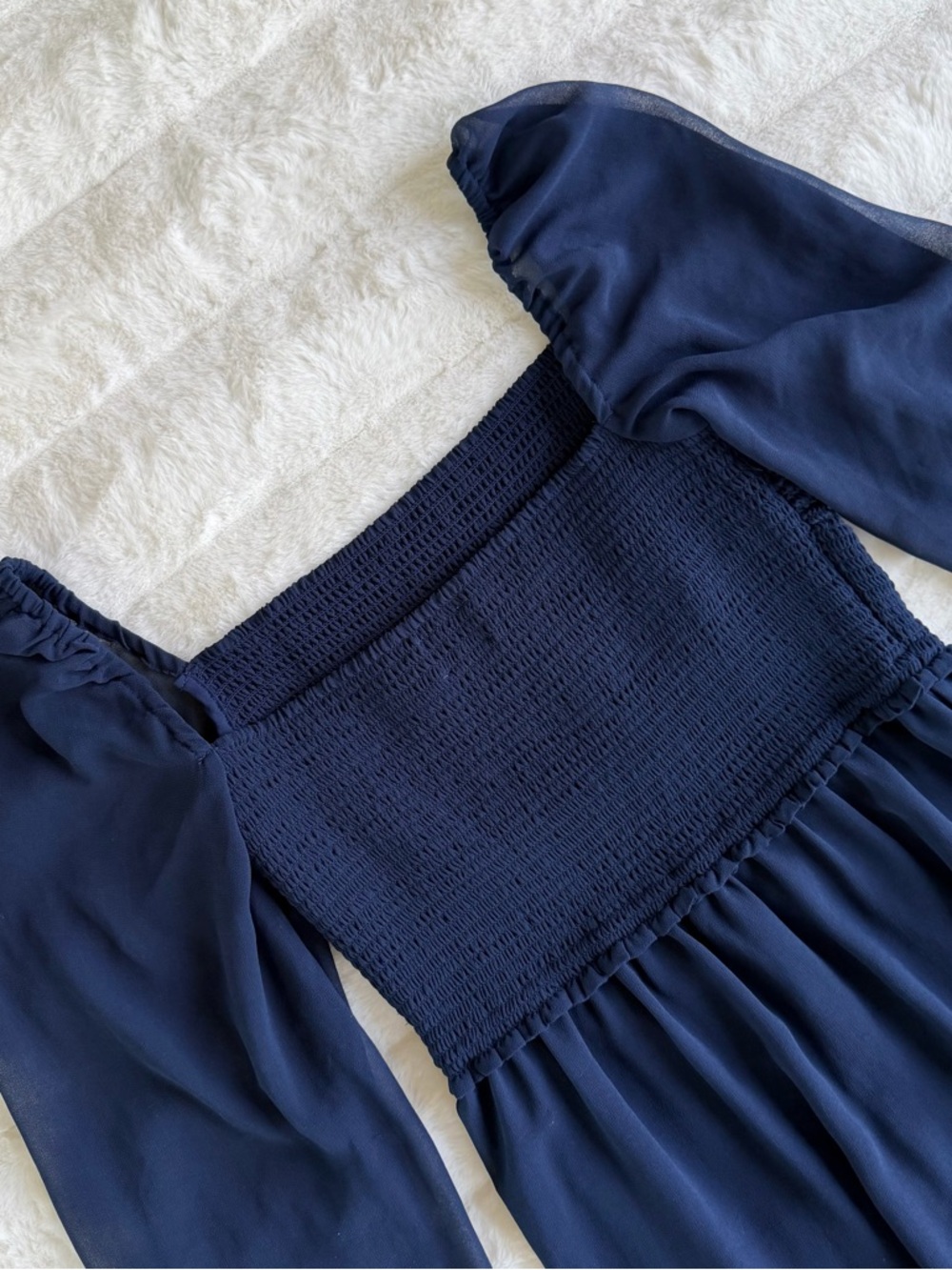 NOT FOR SALE Wilfred Navy Smocked Mini Dress Sheer Sleeves Size S - Picture 7 of 11
